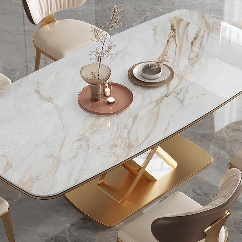 Stone Top Dining Table Traditional Luxury Rectangle Dining Table with Pedestal Base Clearhalo 'Dining Tables & Seating' 'Dining Tables' 'dining_table' 'furn' 'furn_dining_table' 'Furniture' 'furniture_dining_table' 'Kitchen & Dining Furniture' 'kitchen' 'kitchen_dining_table' 4954439