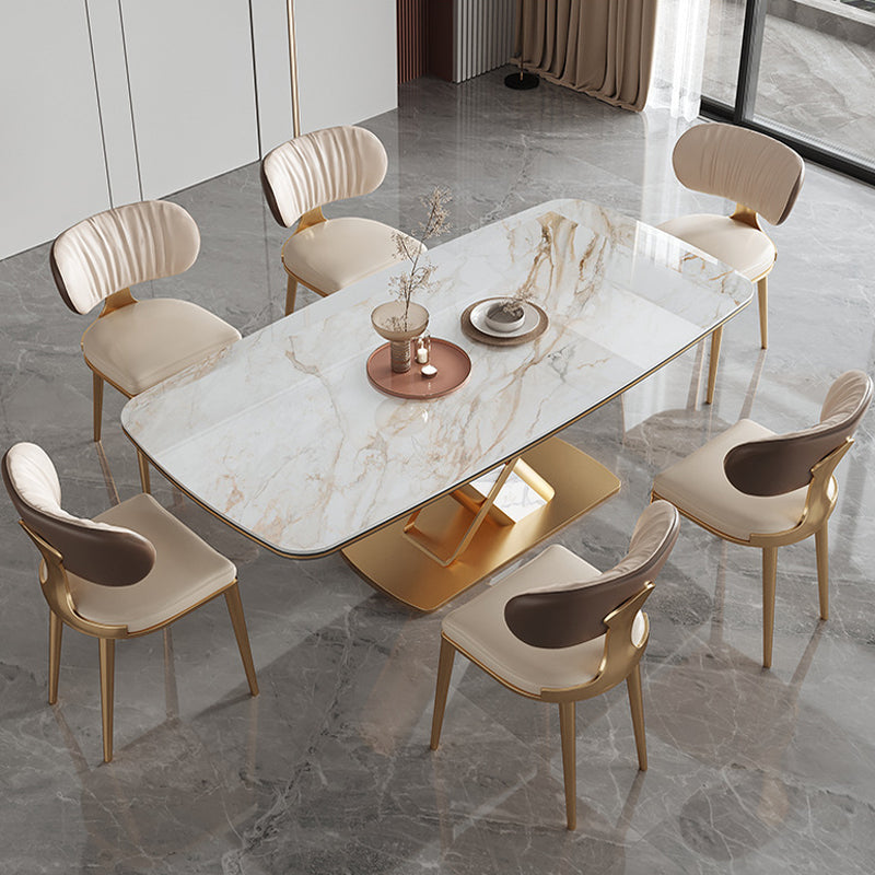 Stone Top Dining Table Traditional Luxury Rectangle Dining Table with Pedestal Base Clearhalo 'Dining Tables & Seating' 'Dining Tables' 'dining_table' 'furn' 'furn_dining_table' 'Furniture' 'furniture_dining_table' 'Kitchen & Dining Furniture' 'kitchen' 'kitchen_dining_table' 4954442