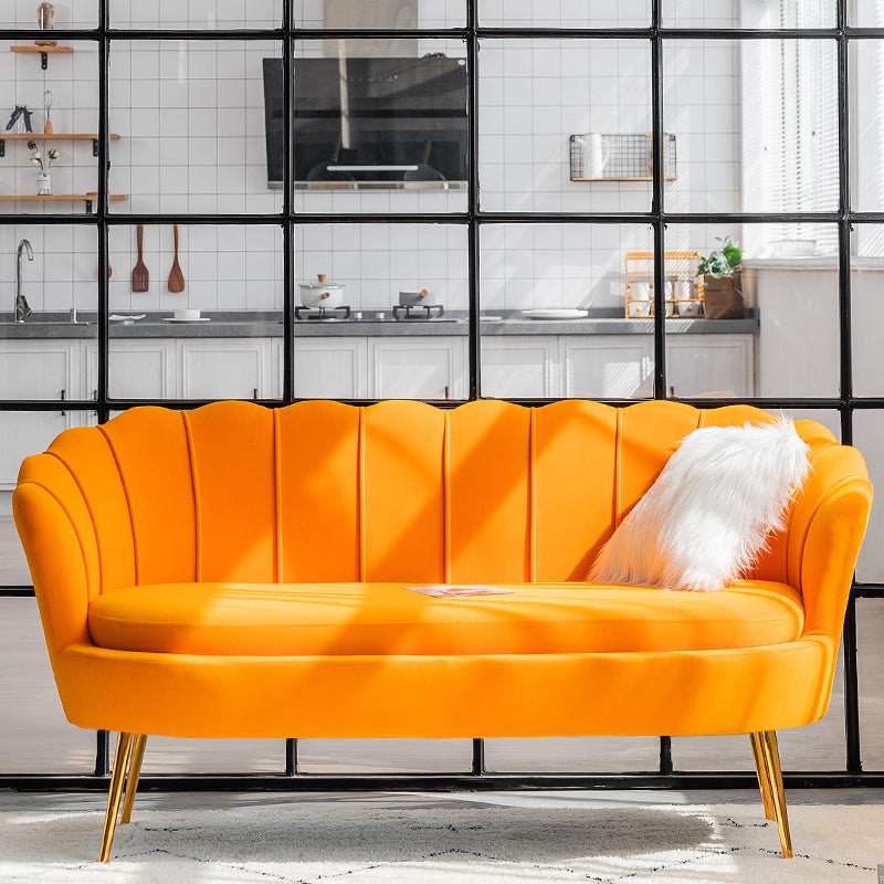 Gold Vintage Sewn Pillow Back Sofa 31.5"High Tuxedo Arm Sofa Orange Velvet Clearhalo 'furn' 'furn_sofas' 'Furniture' 'furniture_sofas' 'Living Room Furniture' 'Sofa' 'sofas' 4955623