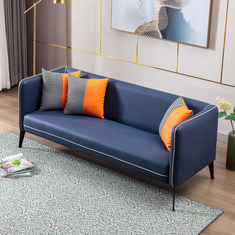 Contemporary Square Arm Faux Leather Settee Couch with Pillows 72"L x 29"W x 29"H Dark Blue Clearhalo 'furn' 'furn_sofas' 'Furniture' 'furniture_sofas' 'Living Room Furniture' 'Sofa' 'sofas' 4955761
