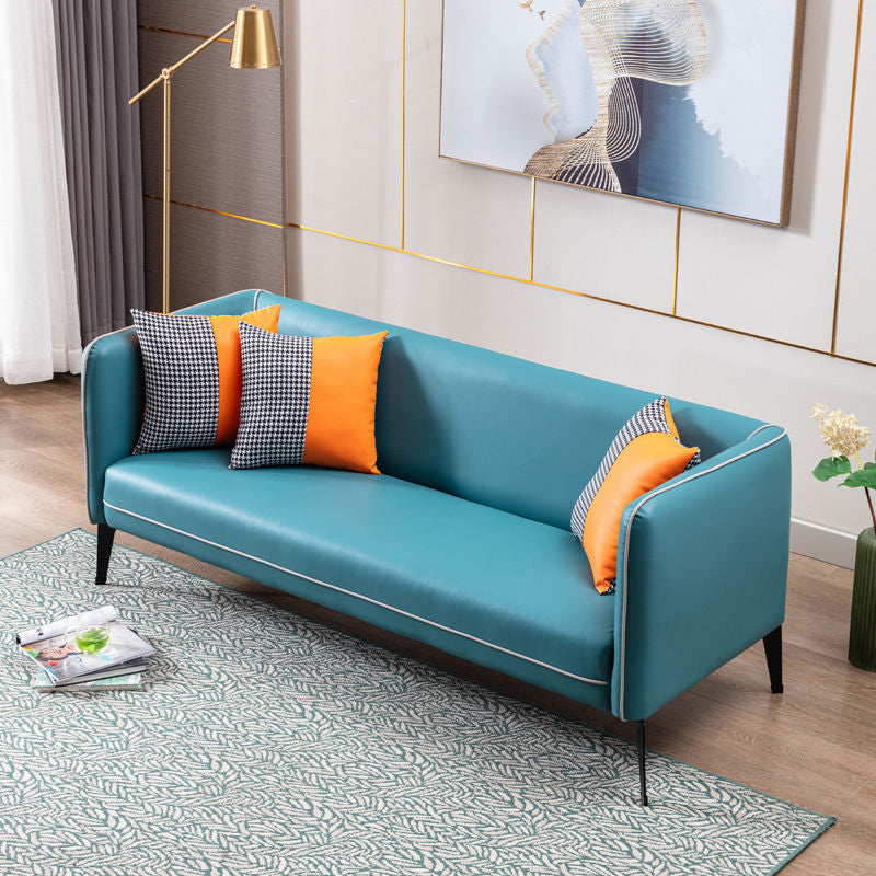 Contemporary Square Arm Faux Leather Settee Couch with Pillows 72"L x 29"W x 29"H Sky Blue Clearhalo 'furn' 'furn_sofas' 'Furniture' 'furniture_sofas' 'Living Room Furniture' 'Sofa' 'sofas' 4955762