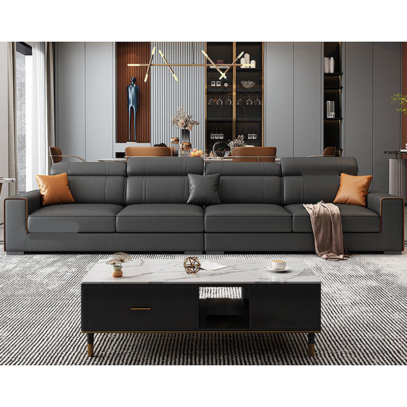 Square Arm Sectional Dark Gray Cushion Back Storage Faux Leather Living Room Sofa 130"L x 35"W x 35"H Latex Clearhalo 'furn' 'furn_sectionals' 'Furniture' 'furniture_sectionals' 'Living Room Furniture' 'Sectionals' 4955877