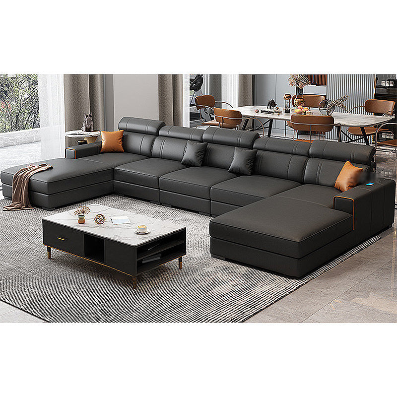 Square Arm Sectional Dark Gray Cushion Back Storage Faux Leather Living Room Sofa Clearhalo 'furn' 'furn_sectionals' 'Furniture' 'furniture_sectionals' 'Living Room Furniture' 'Sectionals' 4955878