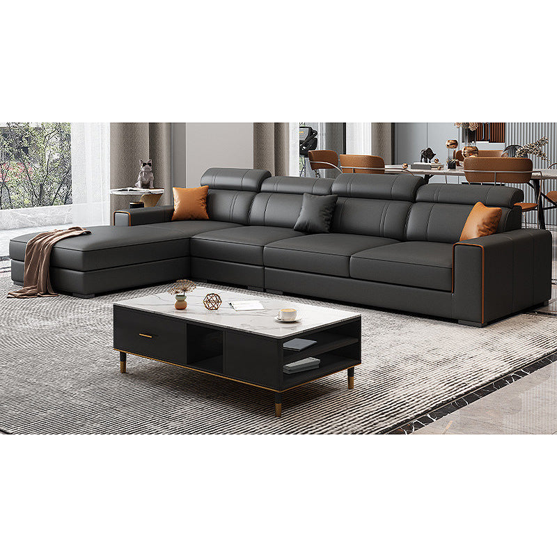Square Arm Sectional Dark Gray Cushion Back Storage Faux Leather Living Room Sofa 130"L x 71"W x 35"H Latex Clearhalo 'furn' 'furn_sectionals' 'Furniture' 'furniture_sectionals' 'Living Room Furniture' 'Sectionals' 4955879