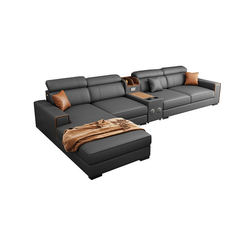 Square Arm Sectional Dark Gray Cushion Back Storage Faux Leather Living Room Sofa 147"L x 71"W x 35"H Clearhalo 'furn' 'furn_sectionals' 'Furniture' 'furniture_sectionals' 'Living Room Furniture' 'Sectionals' 4955883