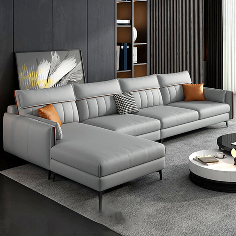 133.85" L x 70.86" W x 37.79" H Faux Leather Pillow Top Arm Sectional, Stain Resistant Light Gray Clearhalo 'furn' 'furn_sectionals' 'Furniture' 'furniture_sectionals' 'Living Room Furniture' 'Sectionals' 4955903