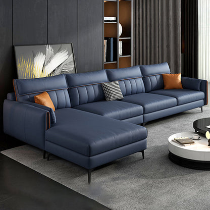 133.85" L x 70.86" W x 37.79" H Faux Leather Pillow Top Arm Sectional, Stain Resistant Dark Blue Clearhalo 'furn' 'furn_sectionals' 'Furniture' 'furniture_sectionals' 'Living Room Furniture' 'Sectionals' 4955914