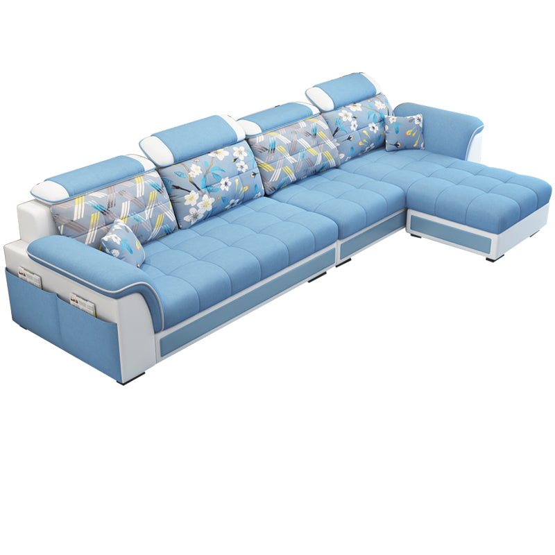Pillowed Back Cushions 4-Seater Sectional Sofa Set with Storage Linen Blend Sky Blue Clearhalo 'Furniture' 'furniture_sectionals' 'Living Room Furniture' 'Sectionals' 4955917