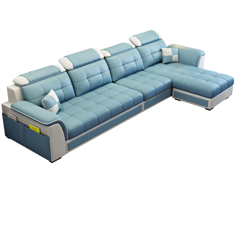 Pillowed Back Cushions 4-Seater Sectional Sofa Set with Storage Faux Leather Blue Clearhalo 'Furniture' 'furniture_sectionals' 'Living Room Furniture' 'Sectionals' 4955918