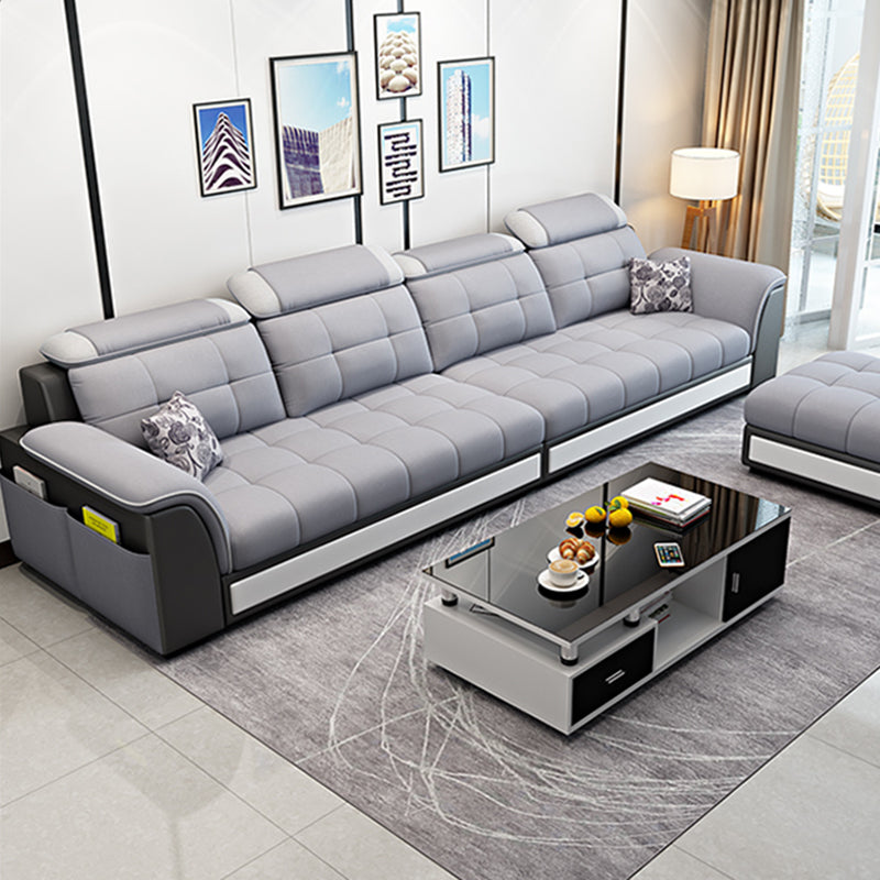 Pillowed Back Cushions 4-Seater Sectional Sofa Set with Storage Linen Blend Gray Sponge Clearhalo 'Furniture' 'furniture_sectionals' 'Living Room Furniture' 'Sectionals' 4955919