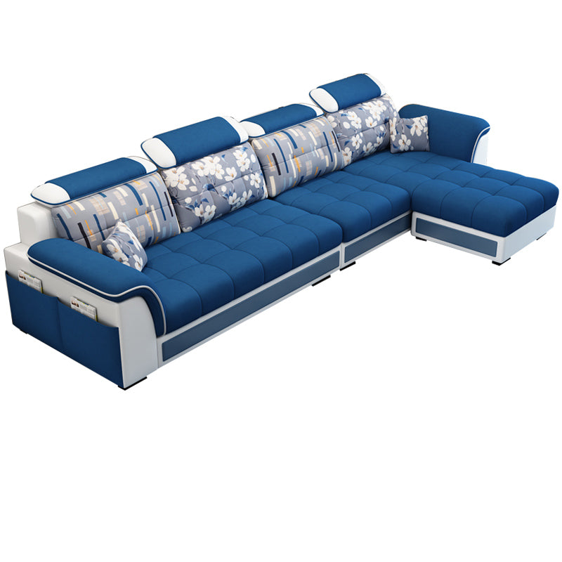 Pillowed Back Cushions 4-Seater Sectional Sofa Set with Storage Linen Blend Peacock Blue Clearhalo 'Furniture' 'furniture_sectionals' 'Living Room Furniture' 'Sectionals' 4955926