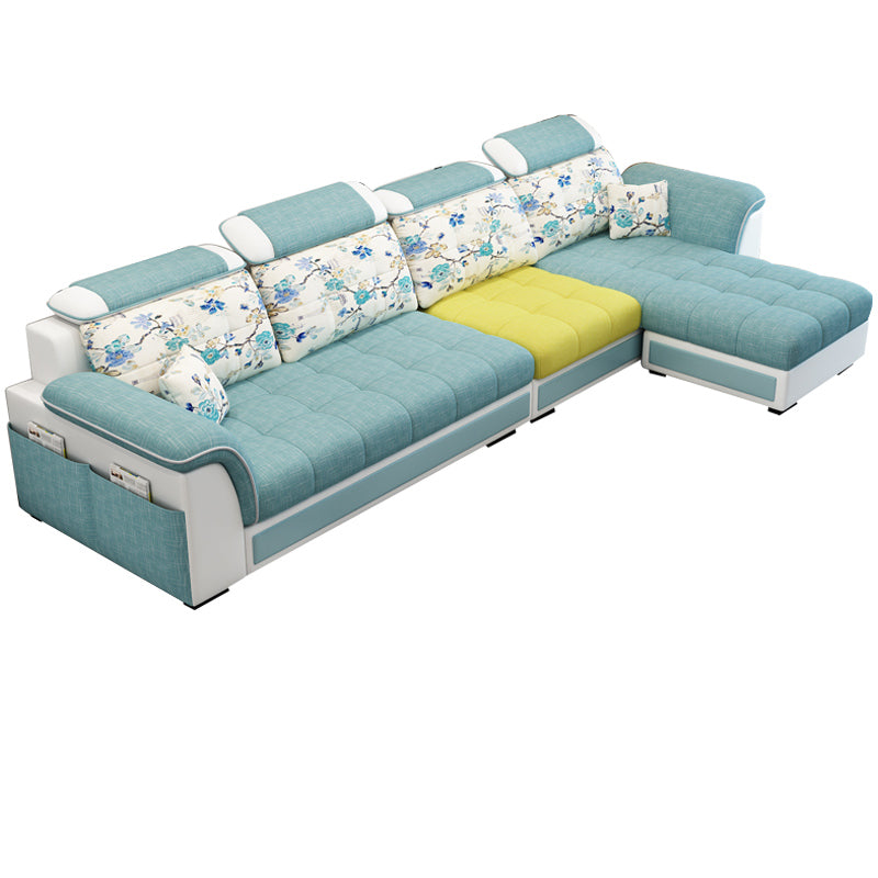 Pillowed Back Cushions 4-Seater Sectional Sofa Set with Storage Linen Blend Green Clearhalo 'Furniture' 'furniture_sectionals' 'Living Room Furniture' 'Sectionals' 4955930