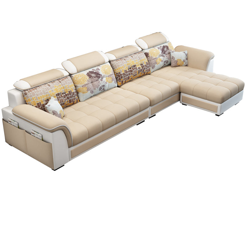 Pillowed Back Cushions 4-Seater Sectional Sofa Set with Storage Linen Blend Light Yellow Clearhalo 'Furniture' 'furniture_sectionals' 'Living Room Furniture' 'Sectionals' 4955932
