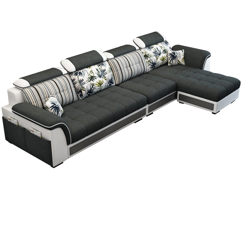 Pillowed Back Cushions 4-Seater Sectional Sofa Set with Storage Linen Blend Matt Black Clearhalo 'Furniture' 'furniture_sectionals' 'Living Room Furniture' 'Sectionals' 4955935