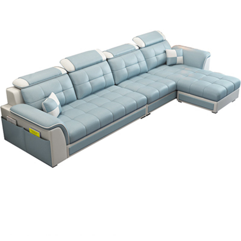 Pillowed Back Cushions 4-Seater Sectional Sofa Set with Storage Faux Leather Light Blue Clearhalo 'Furniture' 'furniture_sectionals' 'Living Room Furniture' 'Sectionals' 4955938