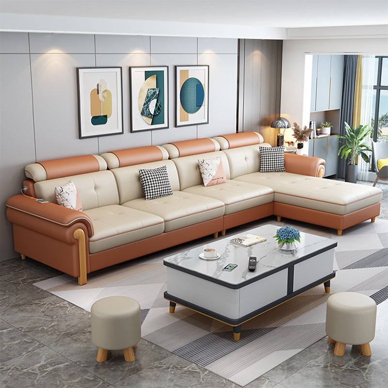 Round Arm 4-Seater Pillowed Back Cushions Sectional Sofa with Chaise Orange White Clearhalo 'furn' 'furn_sectionals' 'Furniture' 'furniture_sectionals' 'Living Room Furniture' 'Sectionals' 4955951