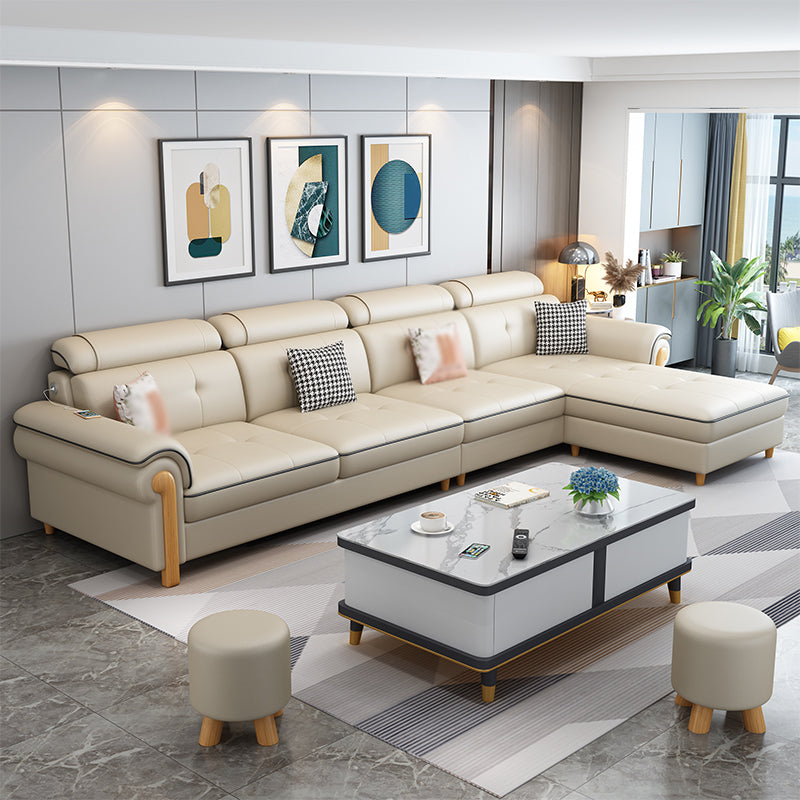 Round Arm 4-Seater Pillowed Back Cushions Sectional Sofa with Chaise Yellow Clearhalo 'furn' 'furn_sectionals' 'Furniture' 'furniture_sectionals' 'Living Room Furniture' 'Sectionals' 4955952