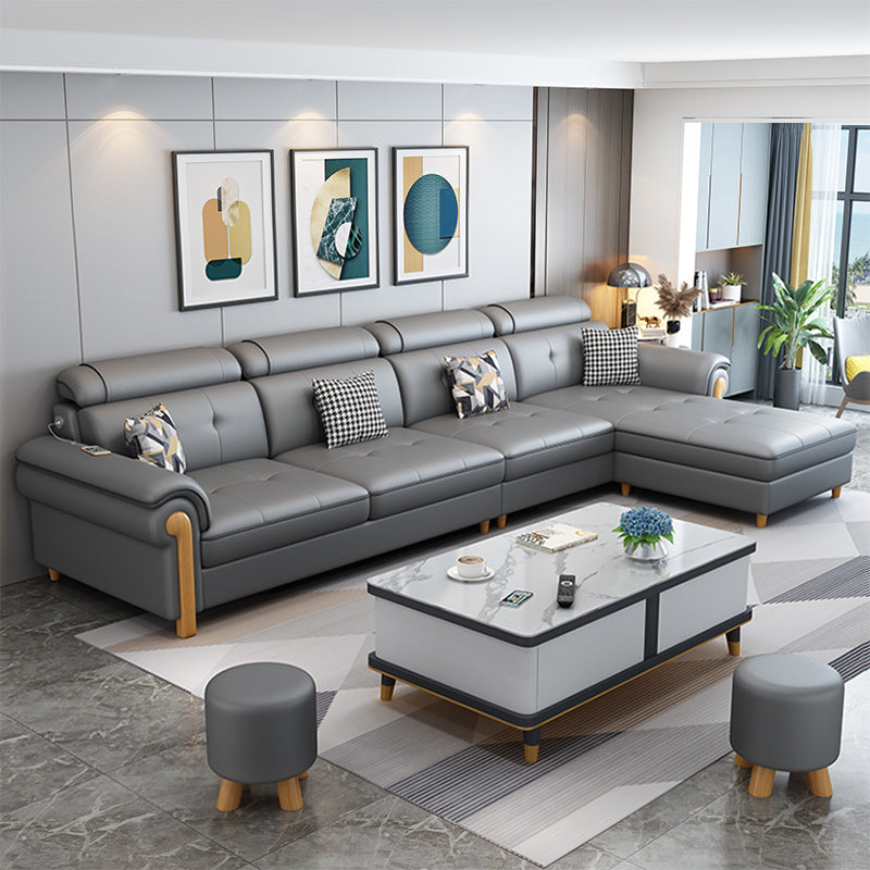 Round Arm 4-Seater Pillowed Back Cushions Sectional Sofa with Chaise Gray Clearhalo 'furn' 'furn_sectionals' 'Furniture' 'furniture_sectionals' 'Living Room Furniture' 'Sectionals' 4955953