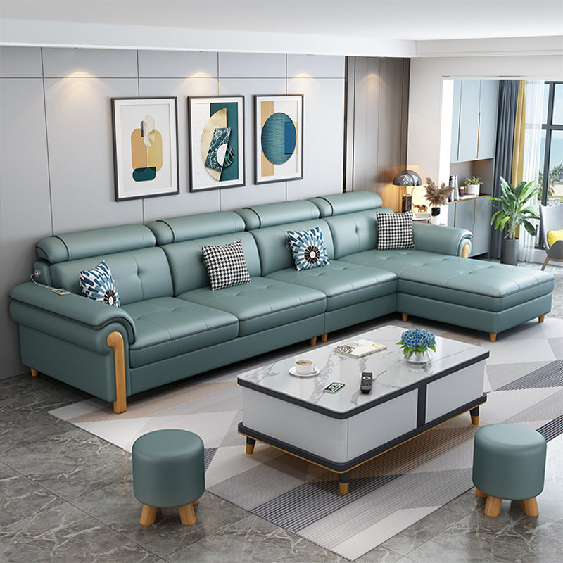 Round Arm 4-Seater Pillowed Back Cushions Sectional Sofa with Chaise Green Clearhalo 'furn' 'furn_sectionals' 'Furniture' 'furniture_sectionals' 'Living Room Furniture' 'Sectionals' 4955955