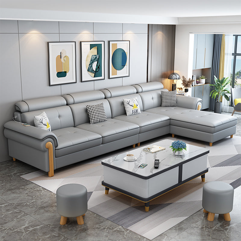 Round Arm 4-Seater Pillowed Back Cushions Sectional Sofa with Chaise Light Grey Clearhalo 'furn' 'furn_sectionals' 'Furniture' 'furniture_sectionals' 'Living Room Furniture' 'Sectionals' 4955957