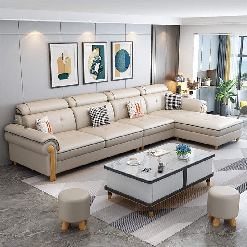 Round Arm 4-Seater Pillowed Back Cushions Sectional Sofa with Chaise Light Yellow Clearhalo 'furn' 'furn_sectionals' 'Furniture' 'furniture_sectionals' 'Living Room Furniture' 'Sectionals' 4955958