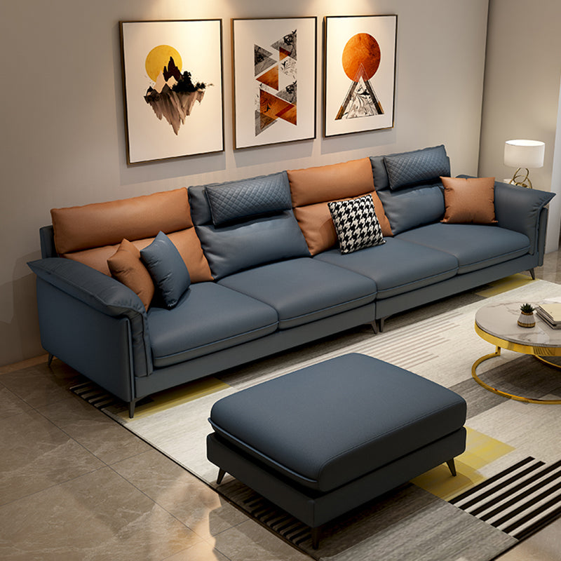 Faux Leather 4-Seater L-Shape Pillowed Back Cushions Sectionals Sofas Dark Blue Clearhalo 'furn' 'furn_sectionals' 'Furniture' 'furniture_sectionals' 'Living Room Furniture' 'Sectionals' 4955988