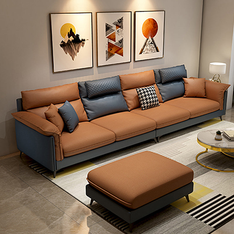 Faux Leather 4-Seater L-Shape Pillowed Back Cushions Sectionals Sofas Orange Clearhalo 'furn' 'furn_sectionals' 'Furniture' 'furniture_sectionals' 'Living Room Furniture' 'Sectionals' 4955990