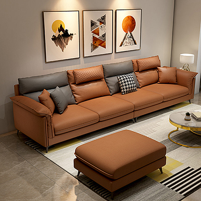 Faux Leather 4-Seater L-Shape Pillowed Back Cushions Sectionals Sofas 118"L x 59"W x 35"H Orange Latex Clearhalo 'furn' 'furn_sectionals' 'Furniture' 'furniture_sectionals' 'Living Room Furniture' 'Sectionals' 4955992