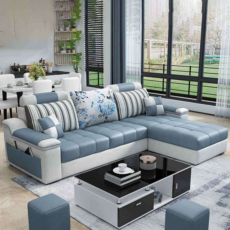 Sloped Arm Pillow Back Cushions Sofa and Chaise L-Shape Faux Leather Sectional Lake Blue Clearhalo 'furn' 'furn_sectionals' 'Furniture' 'furniture_sectionals' 'Living Room Furniture' 'Sectionals' 4956000