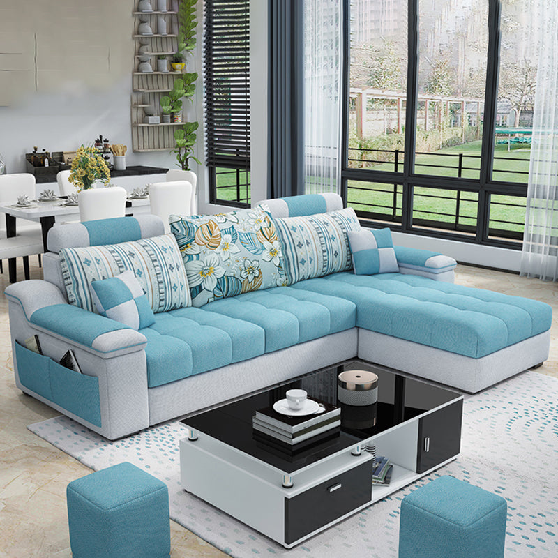 Sloped Arm Pillow Back Cushions Sofa and Chaise L-Shape Faux Leather Sectional Blue Clearhalo 'furn' 'furn_sectionals' 'Furniture' 'furniture_sectionals' 'Living Room Furniture' 'Sectionals' 4956005