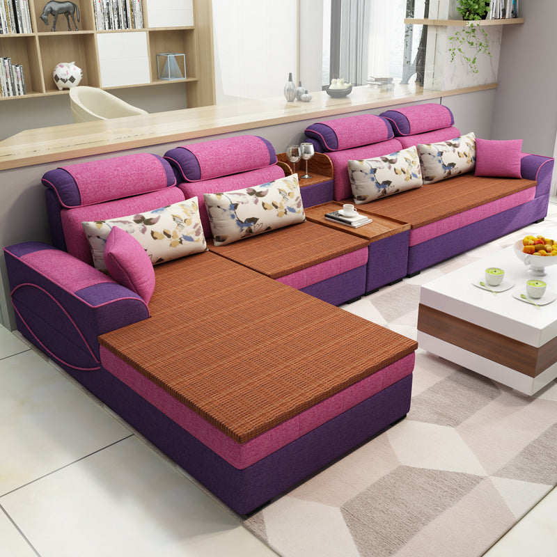Farmhouse Removable Cushions Sectionals 35.43"High Pillow Top Arm Sofa with Chaise 142"L x 71"W x 35"H Red-Purple Clearhalo 'furn' 'furn_sectionals' 'Furniture' 'furniture_sectionals' 'Living Room Furniture' 'Sectionals' 4956015