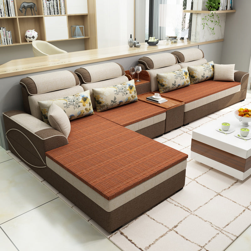 Farmhouse Removable Cushions Sectionals 35.43"High Pillow Top Arm Sofa with Chaise 142"L x 71"W x 35"H Beige Coffee Clearhalo 'furn' 'furn_sectionals' 'Furniture' 'furniture_sectionals' 'Living Room Furniture' 'Sectionals' 4956018