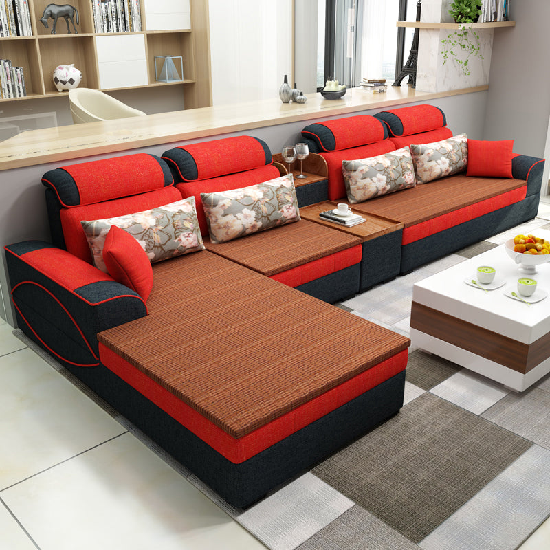 Farmhouse Removable Cushions Sectionals 35.43"High Pillow Top Arm Sofa with Chaise 142"L x 71"W x 35"H Black-Red Clearhalo 'furn' 'furn_sectionals' 'Furniture' 'furniture_sectionals' 'Living Room Furniture' 'Sectionals' 4956022