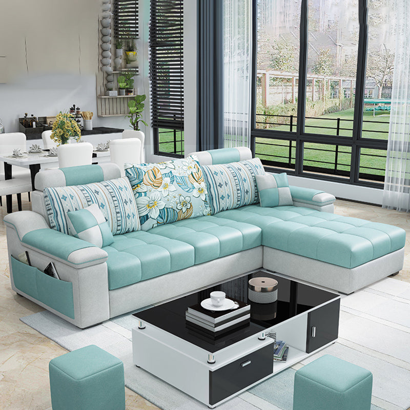 3-Seater Cotton Blend and Faux Leather L-Shape Sectionals Sofas Green Clearhalo 'furn' 'furn_sectionals' 'Furniture' 'furniture_sectionals' 'Living Room Furniture' 'Sectionals' 4956033