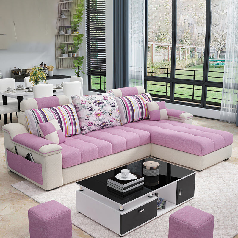 3-Seater Cotton Blend and Faux Leather L-Shape Sectionals Sofas Pink Clearhalo 'furn' 'furn_sectionals' 'Furniture' 'furniture_sectionals' 'Living Room Furniture' 'Sectionals' 4956045