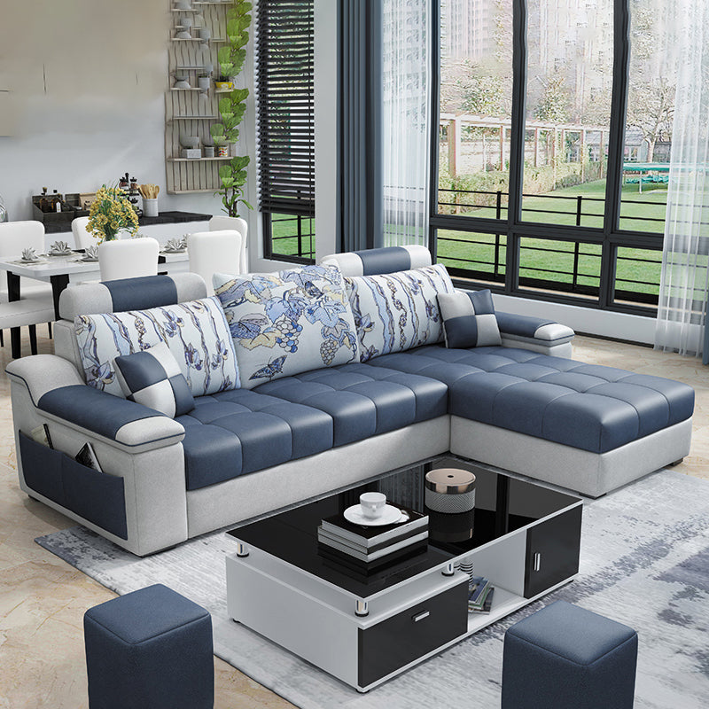 Sloped Arms Pillowed Back Cushions Tufted Sectional Sofa Set with Storage Blue Grey Clearhalo 'Furniture' 'furniture_sectionals' 'Living Room Furniture' 'Sectionals' 4956065