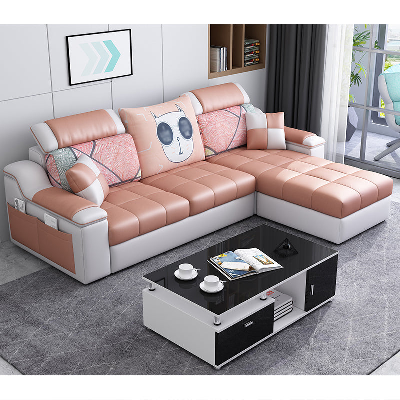 Casual Pillow Top Arm Sectionals 82.68"D x 57.09"W x 35.43"H Cushions Sofa with Storage Orange Faux Leather Clearhalo 'furn' 'furn_sectionals' 'Furniture' 'furniture_sectionals' 'Living Room Furniture' 'Sectionals' 4956083