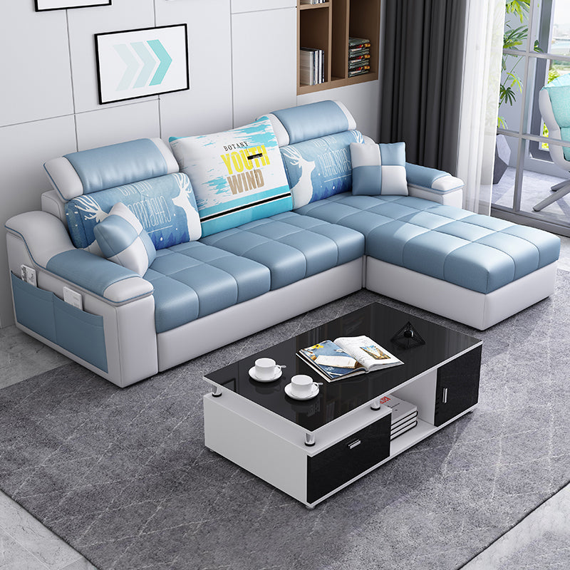Casual Pillow Top Arm Sectionals 82.68"D x 57.09"W x 35.43"H Cushions Sofa with Storage Blue-White Faux Leather Clearhalo 'furn' 'furn_sectionals' 'Furniture' 'furniture_sectionals' 'Living Room Furniture' 'Sectionals' 4956084