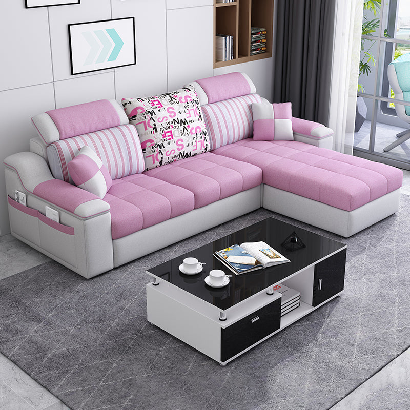 Casual Pillow Top Arm Sectionals 82.68"D x 57.09"W x 35.43"H Cushions Sofa with Storage Pink Cotton Blend Clearhalo 'furn' 'furn_sectionals' 'Furniture' 'furniture_sectionals' 'Living Room Furniture' 'Sectionals' 4956086