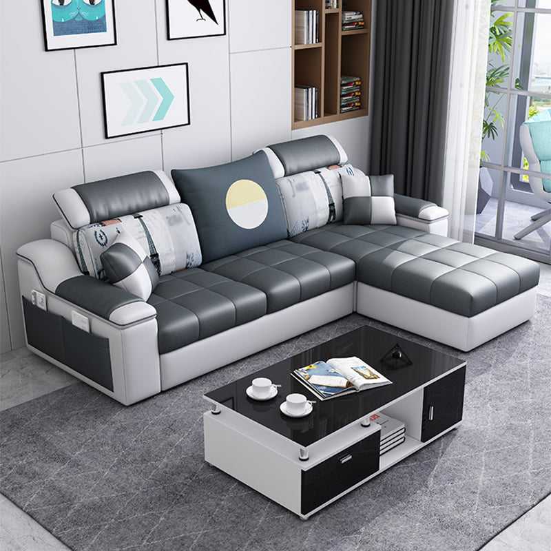 Casual Pillow Top Arm Sectionals 82.68"D x 57.09"W x 35.43"H Cushions Sofa with Storage Dark Gray-White Faux Leather Clearhalo 'furn' 'furn_sectionals' 'Furniture' 'furniture_sectionals' 'Living Room Furniture' 'Sectionals' 4956089