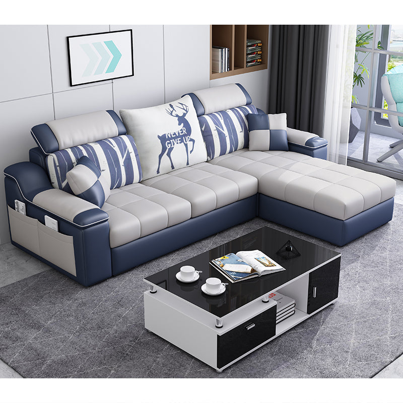Casual Pillow Top Arm Sectionals 82.68"D x 57.09"W x 35.43"H Cushions Sofa with Storage Dark Blue-White Faux Leather Clearhalo 'furn' 'furn_sectionals' 'Furniture' 'furniture_sectionals' 'Living Room Furniture' 'Sectionals' 4956093