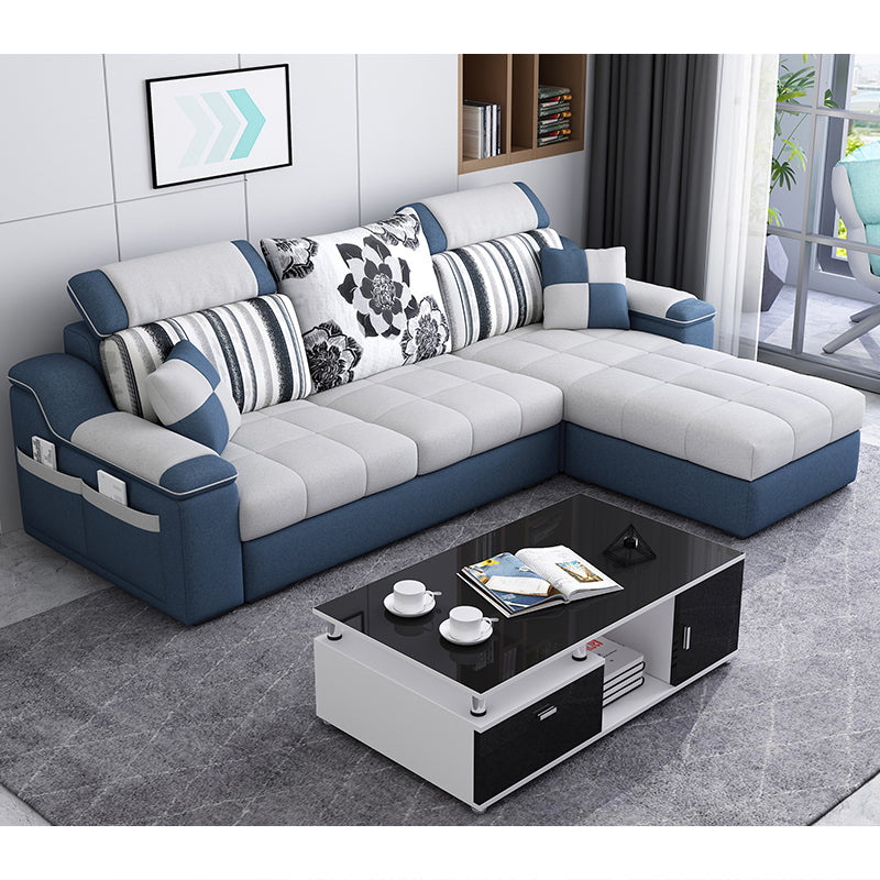 Casual Pillow Top Arm Sectionals 82.68"D x 57.09"W x 35.43"H Cushions Sofa with Storage Dark Blue-White Cotton Blend Clearhalo 'furn' 'furn_sectionals' 'Furniture' 'furniture_sectionals' 'Living Room Furniture' 'Sectionals' 4956095