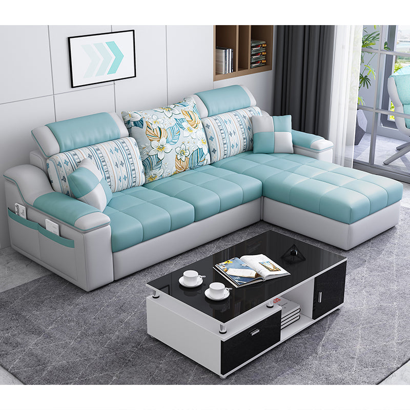 Casual Pillow Top Arm Sectionals 82.68"D x 57.09"W x 35.43"H Cushions Sofa with Storage Light Blue Faux Leather Clearhalo 'furn' 'furn_sectionals' 'Furniture' 'furniture_sectionals' 'Living Room Furniture' 'Sectionals' 4956096