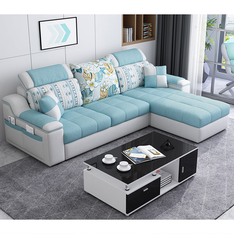 Casual Pillow Top Arm Sectionals 82.68"D x 57.09"W x 35.43"H Cushions Sofa with Storage Light Blue Cotton Blend Clearhalo 'furn' 'furn_sectionals' 'Furniture' 'furniture_sectionals' 'Living Room Furniture' 'Sectionals' 4956098