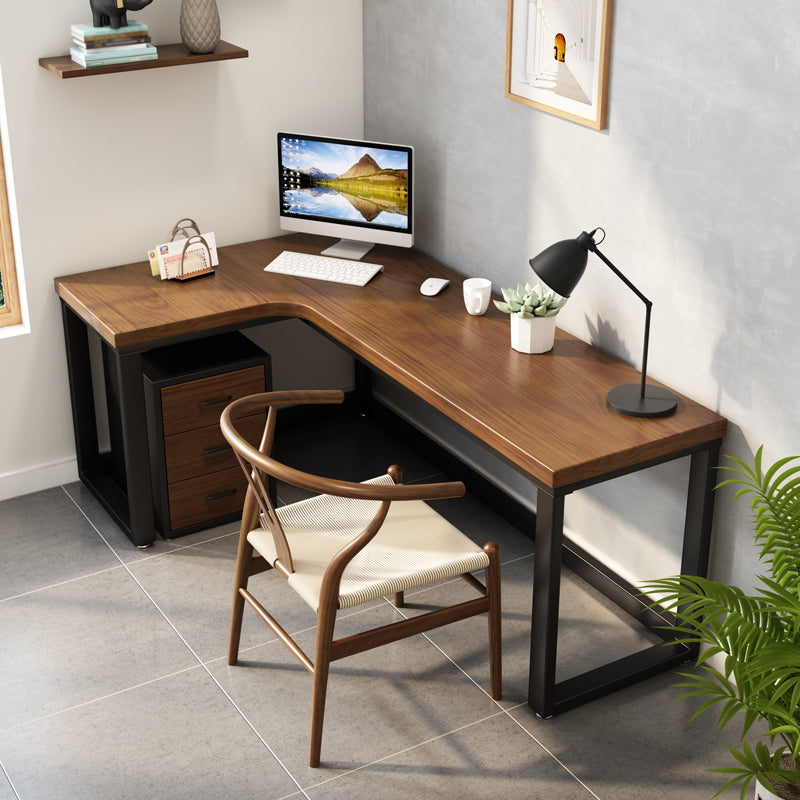Solid Wood Writing Desk Brown L-Shape Desk with Black Steel Table Leg 55.1"L x 31.5"W x 29.5"H Clearhalo 'furn' 'furn_office_desk' 'Furniture' 'furniture_office_desk' 'Office Desks' 'Office Furniture' 'office_desk' 4960605