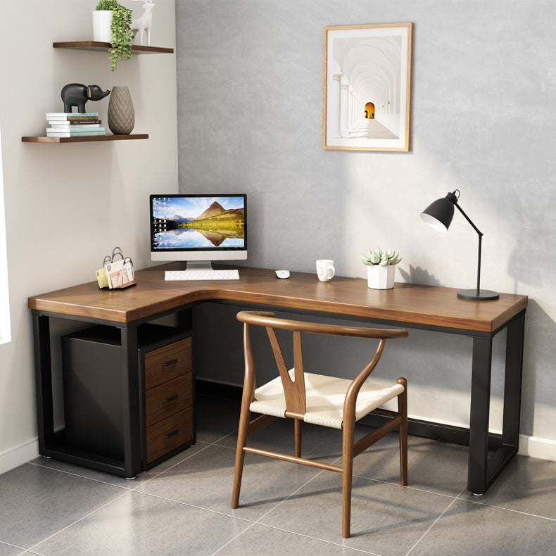 Solid Wood Writing Desk Brown L-Shape Desk with Black Steel Table Leg 70.9"L x 31.5"W x 29.5"H Clearhalo 'furn' 'furn_office_desk' 'Furniture' 'furniture_office_desk' 'Office Desks' 'Office Furniture' 'office_desk' 4960606