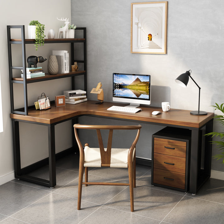 Solid Wood Writing Desk Brown L-Shape Desk with Black Steel Table Leg 63"L x 31.5"W x 29.5"H Clearhalo 'furn' 'furn_office_desk' 'Furniture' 'furniture_office_desk' 'Office Desks' 'Office Furniture' 'office_desk' 4960607