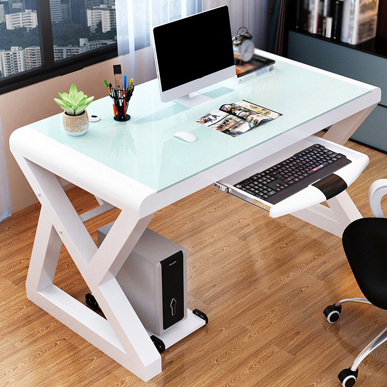 Modern Toughened Glass Computer Desk Rectangular Desk with Keyboard Tray White Clearhalo 'furn' 'furn_office_desk' 'Furniture' 'furniture_office_desk' 'Office Desks' 'Office Furniture' 'office_desk' 4960773