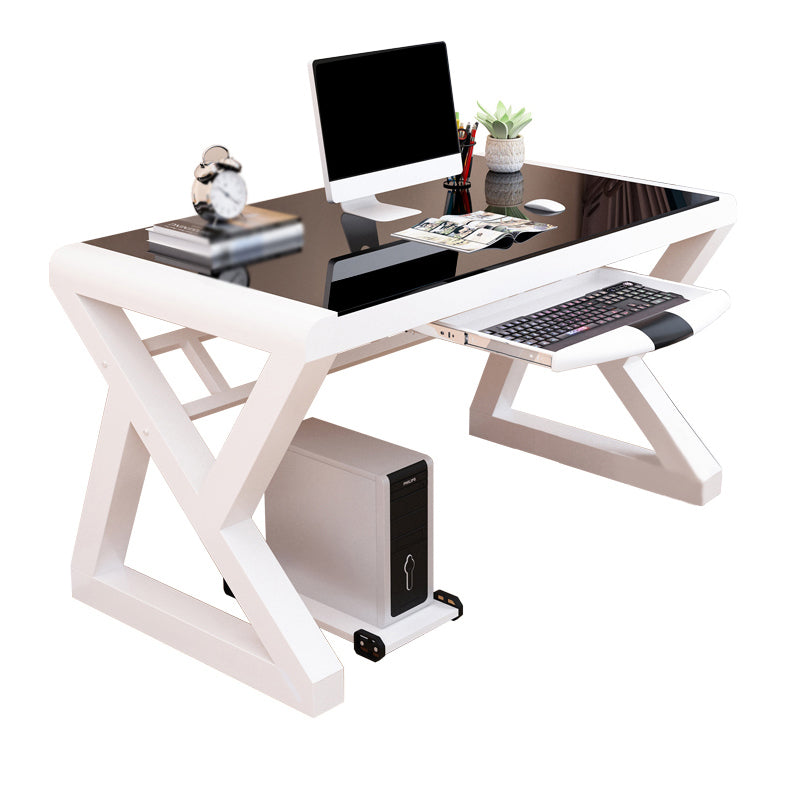 Modern Toughened Glass Computer Desk Rectangular Desk with Keyboard Tray White-Black Clearhalo 'furn' 'furn_office_desk' 'Furniture' 'furniture_office_desk' 'Office Desks' 'Office Furniture' 'office_desk' 4960776