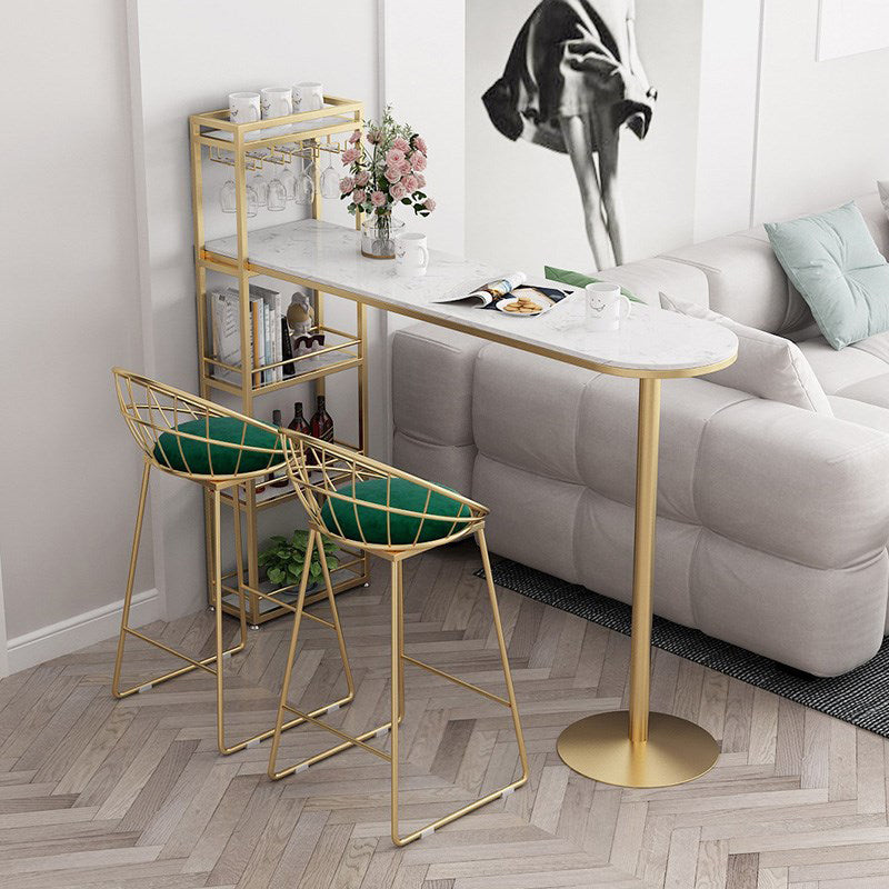 Modern Iron Bar Dining Table Faux Marble Top Indoor Bistro Table with Wine Rack 63"L x 15.7"W x 41.3"H Gold-White Without Chairs Clearhalo 'Bar Furniture' 'Bar Tables' 'bar_tables' 'furn' 'furn_bar_tables' 'Furniture' 'furniture_bar_tables' 'Kitchen & Dining Furniture' 4960931